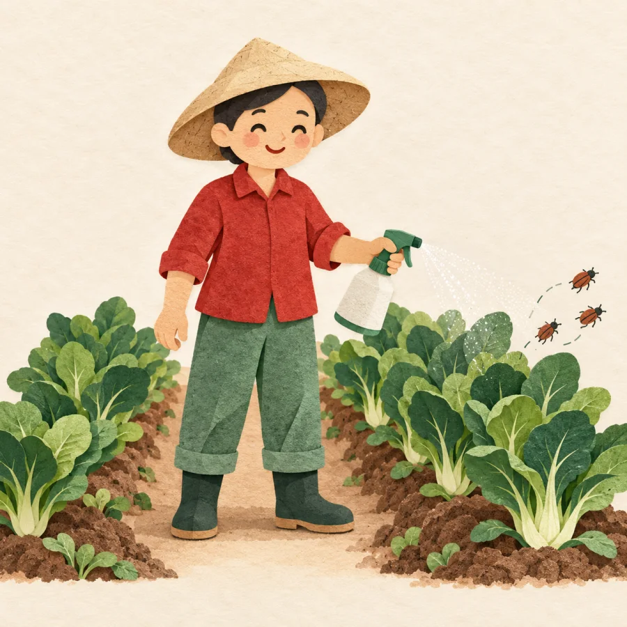 A farmer with a sprayer by healthy plants, beetles fleeing