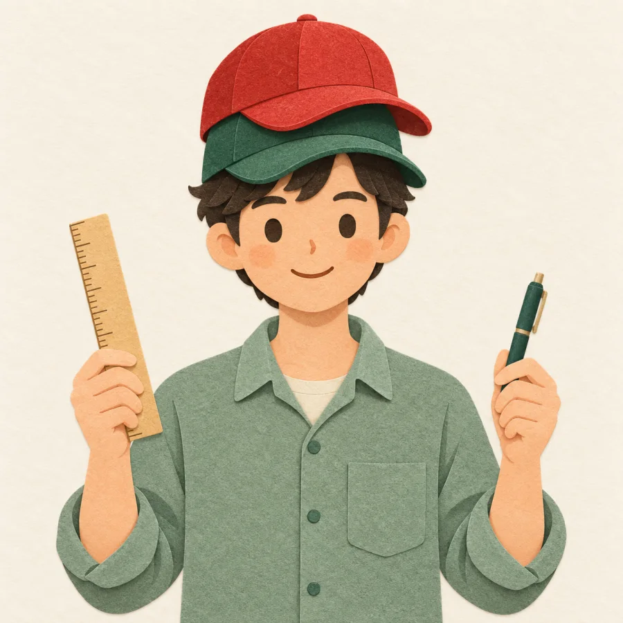A person in two hats holds a pen and a ruler