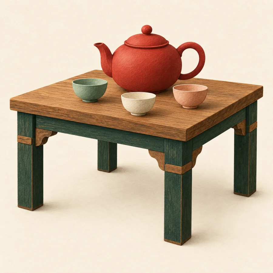 A sturdy wooden table with a red teapot and bowls