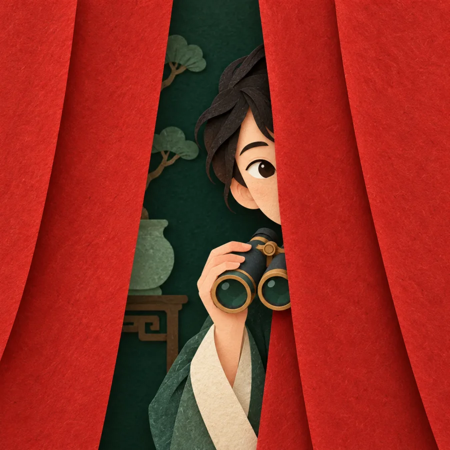 A person peeks through a gap in red curtains