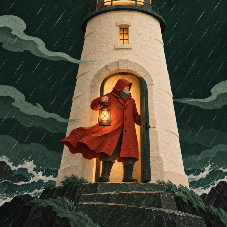A lighthouse keeper with a lantern stands in rain and wind