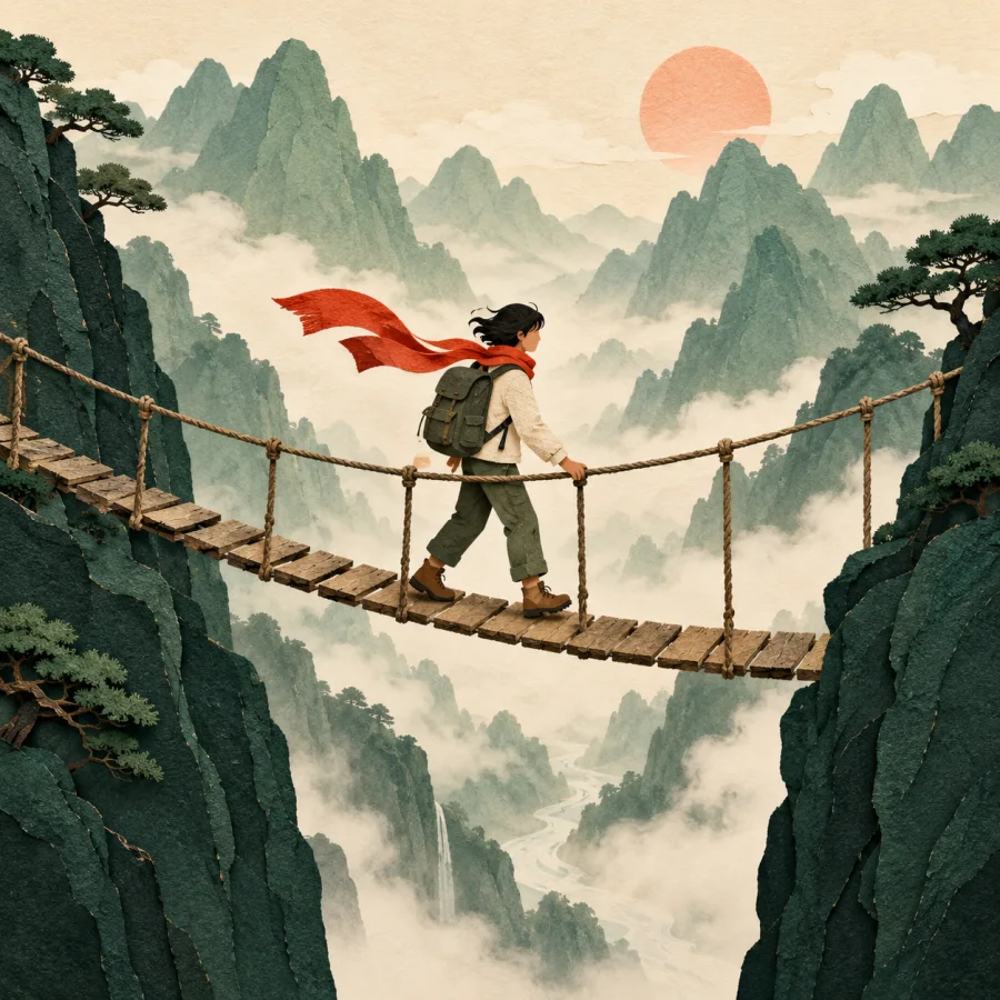 A traveler crosses a narrow rope bridge over a gorge