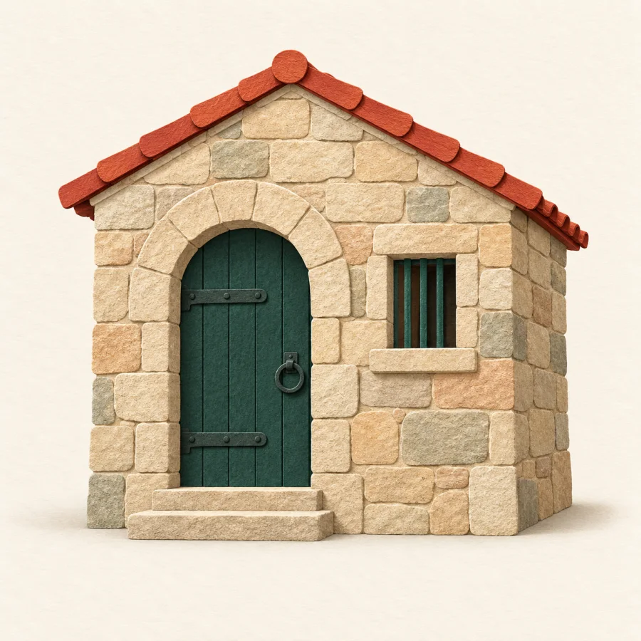A stone building with a heavy door and a barred window