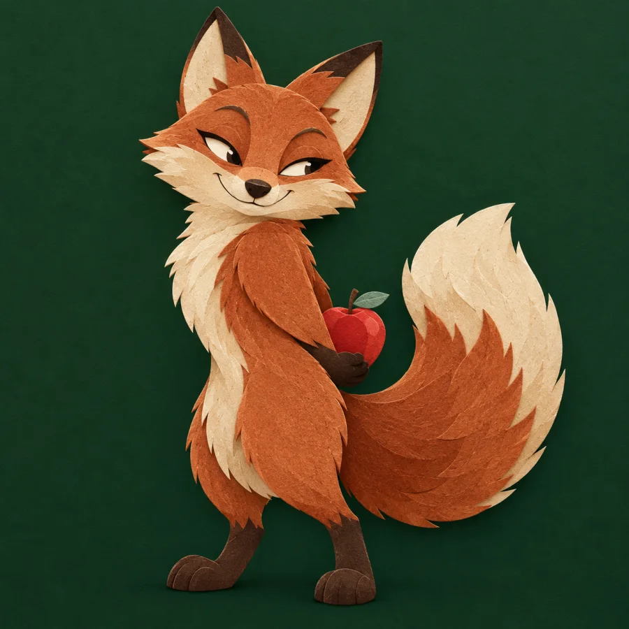 A fox smiles slyly, hiding an apple behind its back