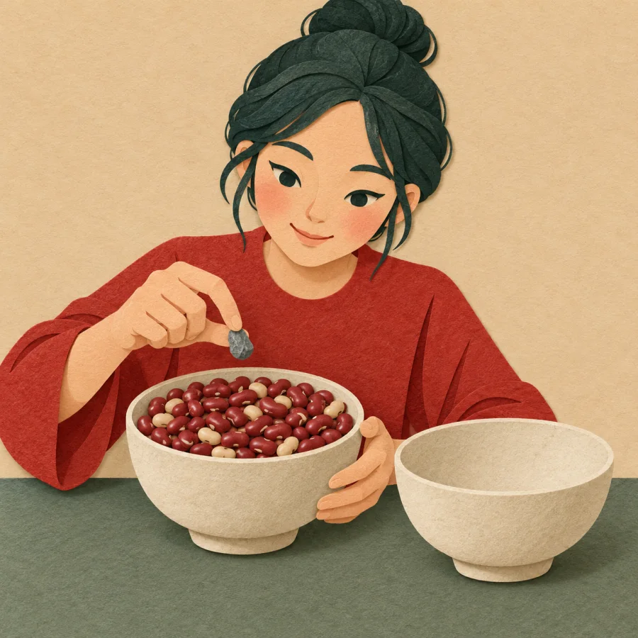 A person picks a small stone out of a bowl of beans