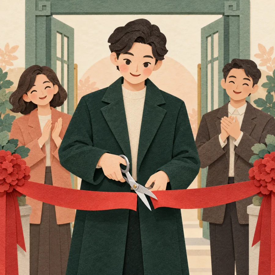 A person cuts a red ribbon with large scissors