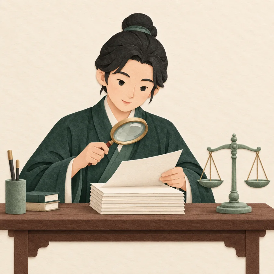 A person in a dark robe studies documents with a magnifier