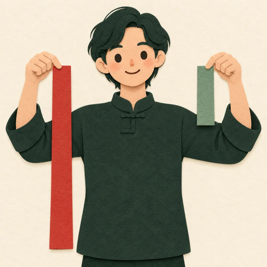 A person holds a long paper strip and a short one