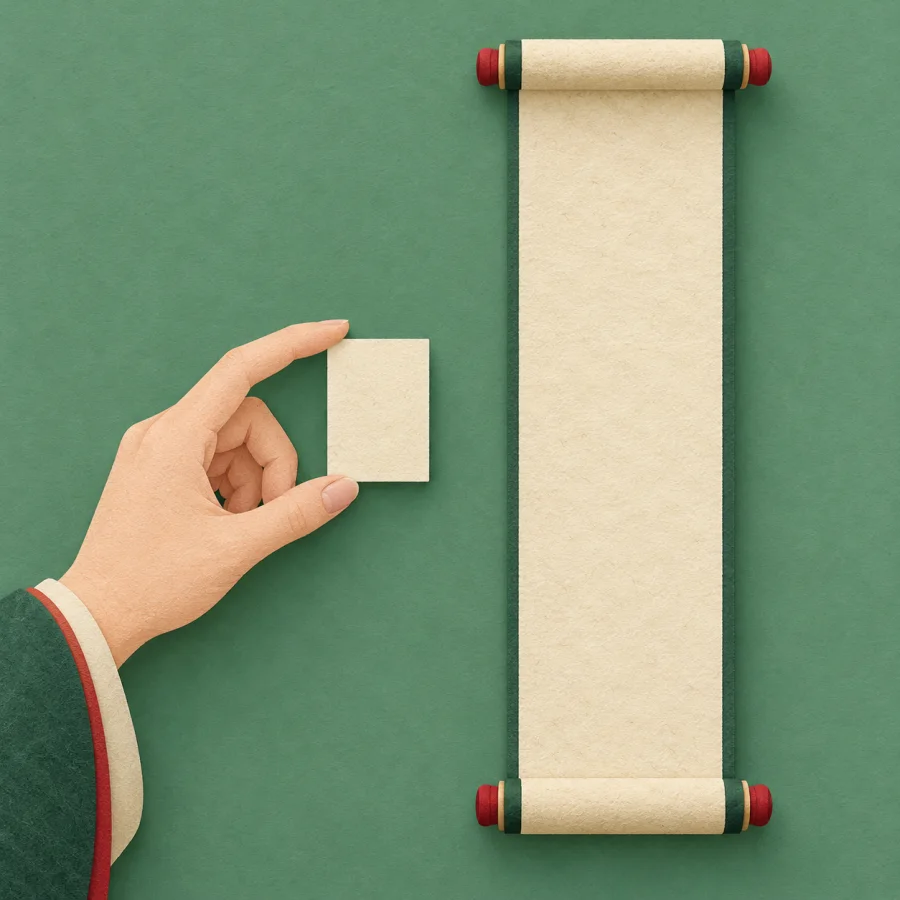 A small note beside a very long scroll