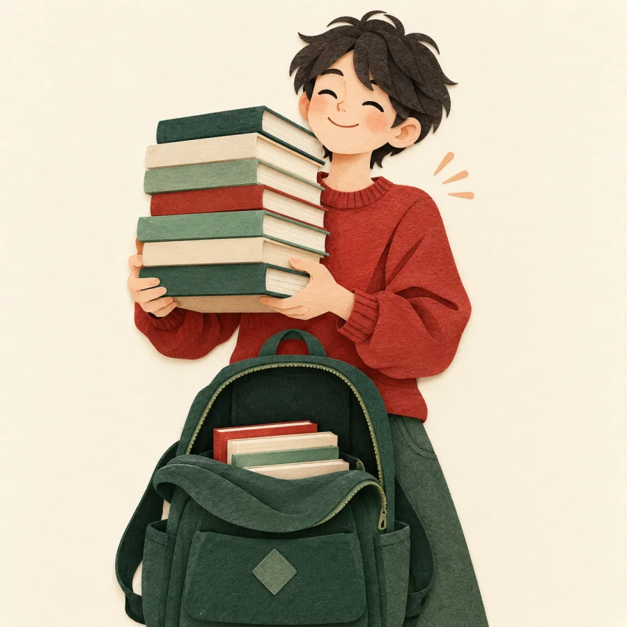 A student takes books out of a heavy backpack