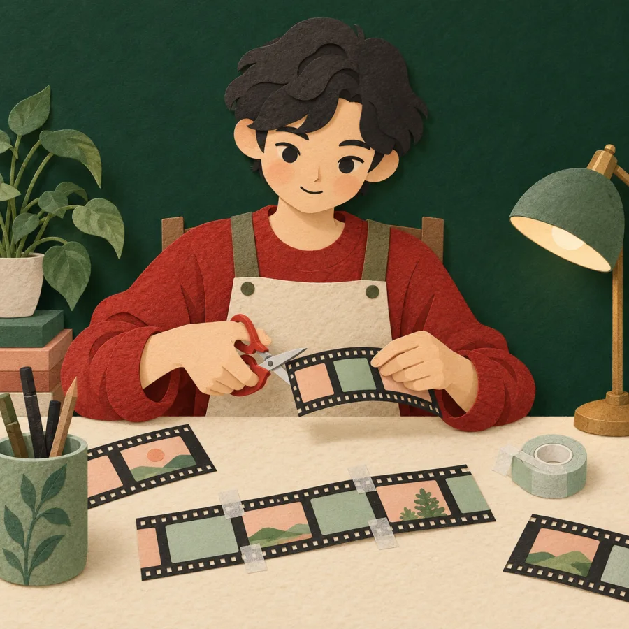 A person cuts film strip with scissors and tapes pieces