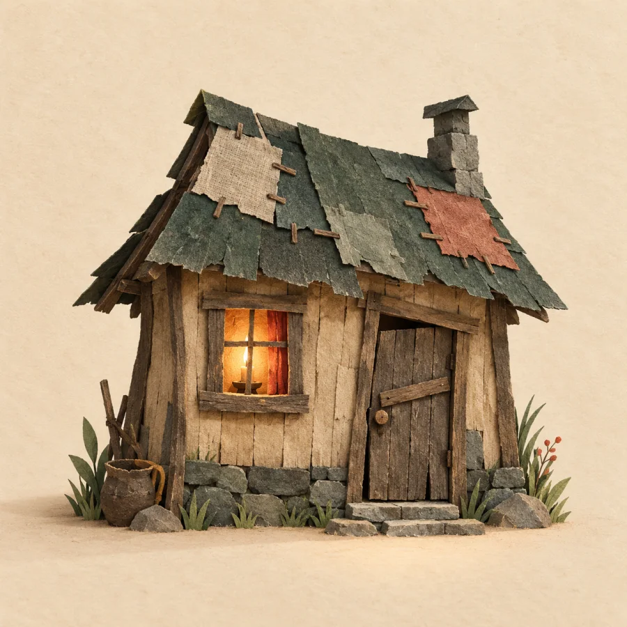 A small hut with a patched roof and a candle in the window