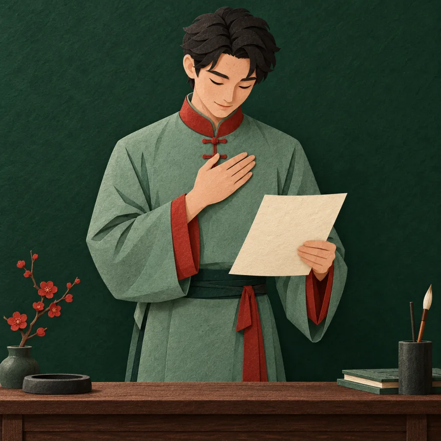 A person with a bowed head holds a paper before a desk