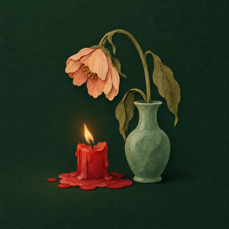 A burnt-down candle beside a wilted flower