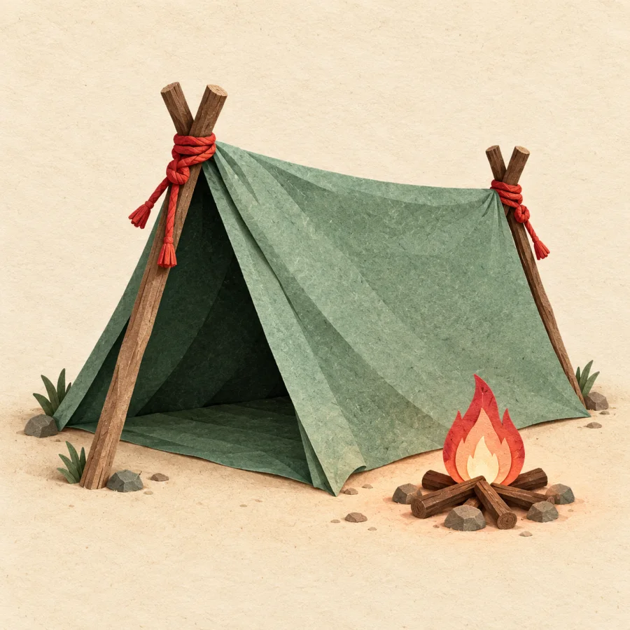 A makeshift tent of a sheet and two sticks by a fire