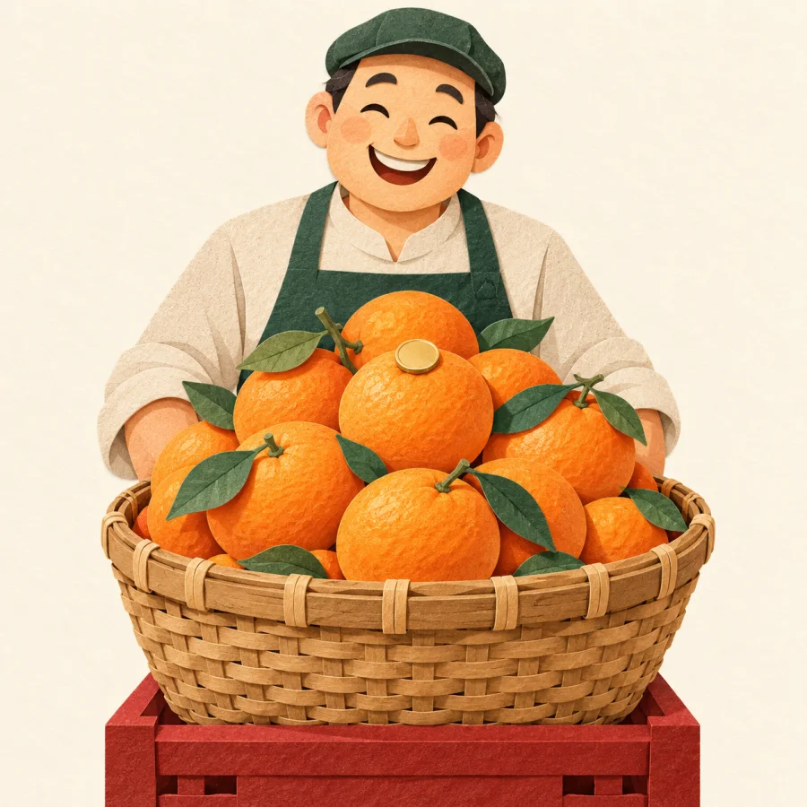 A basket of oranges with one small coin on top
