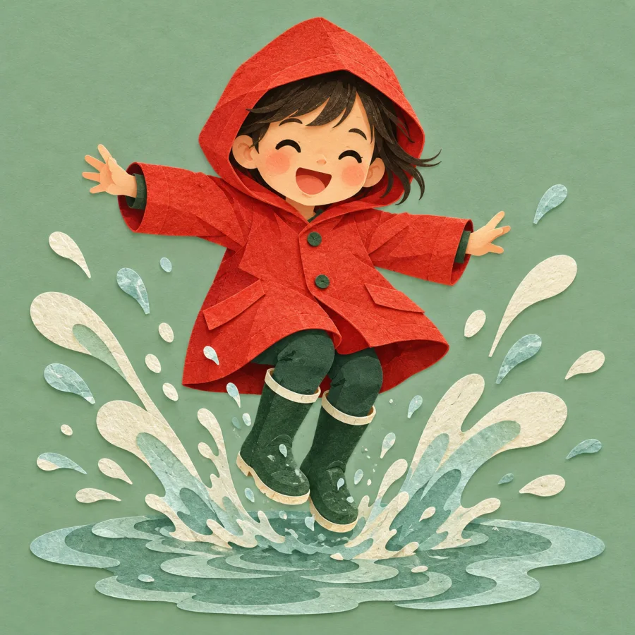 A child in a red raincoat jumps into a puddle with splashes