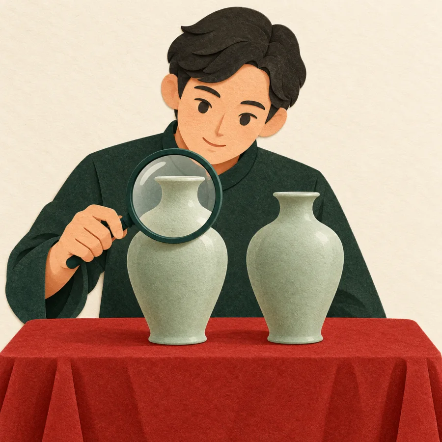 A person examines two identical vases with a magnifier
