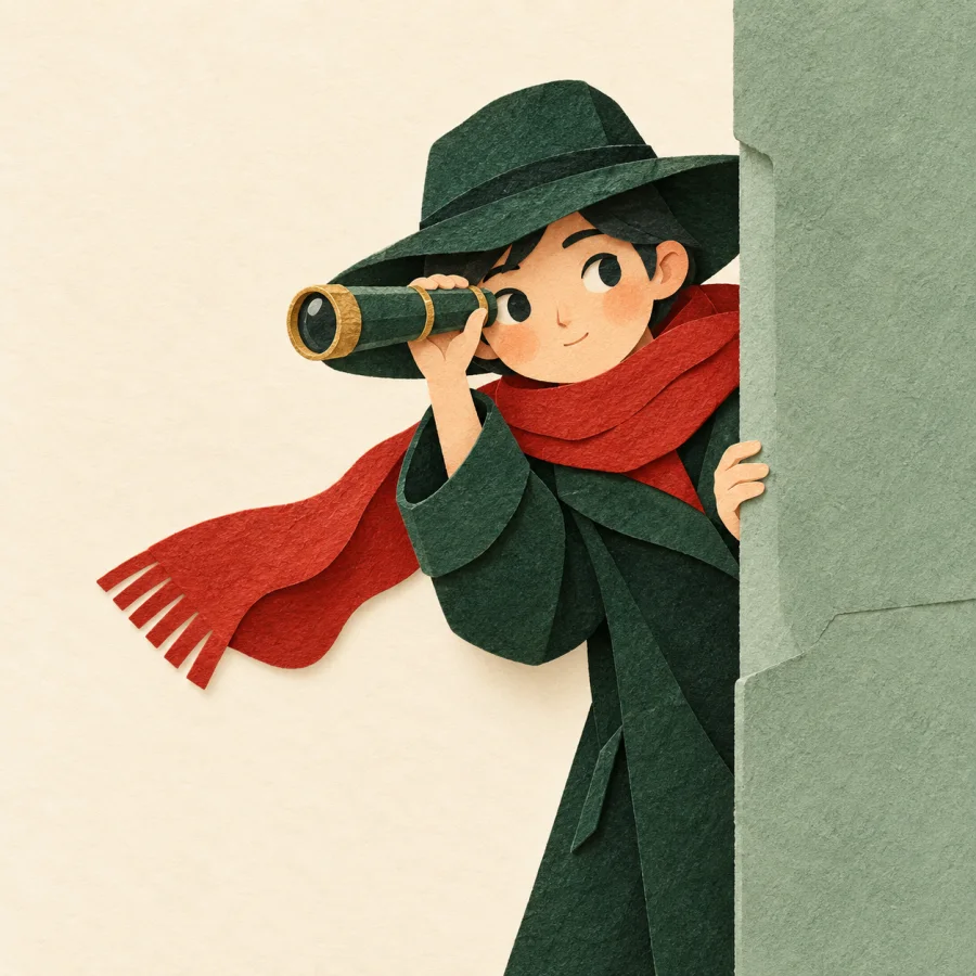 A person in a long coat and hat peeks from behind a wall