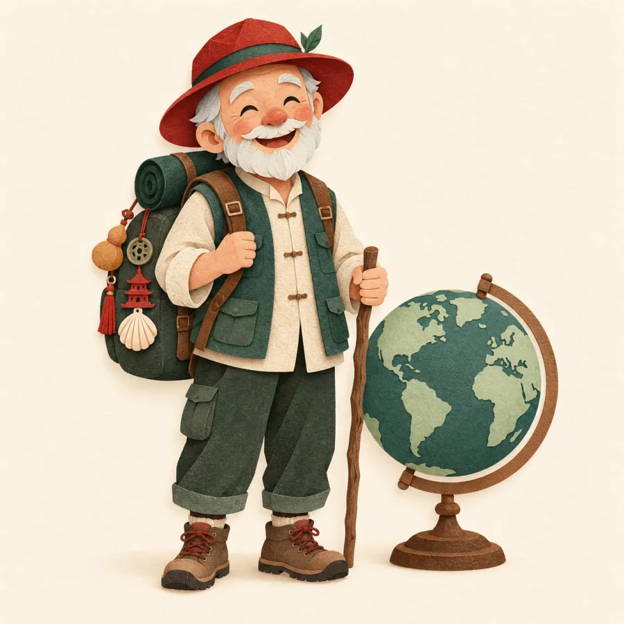 An elderly traveler with a backpack hung with souvenirs