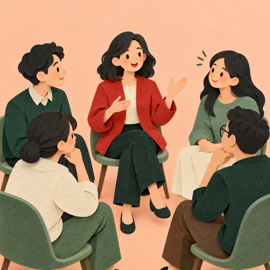 A person speaks with a raised hand to people in a circle