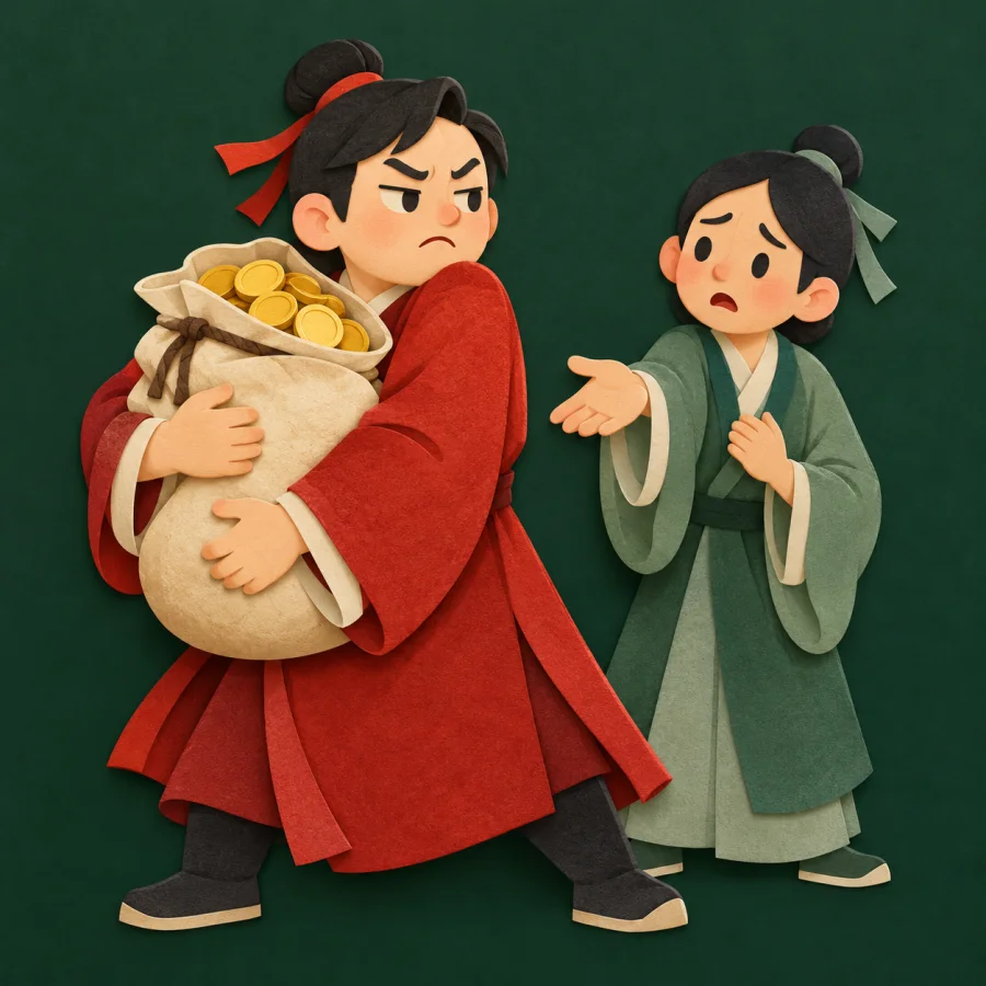 A person grabs a sack of coins, turning from a friend