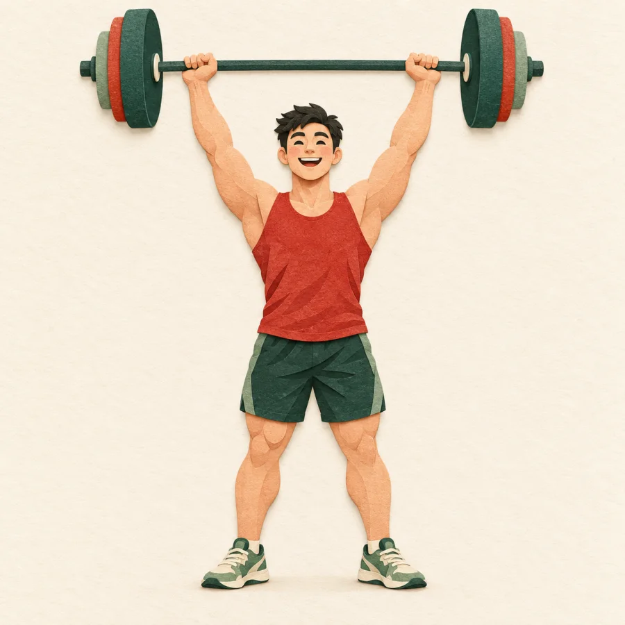 A smiling strong person lifts a barbell