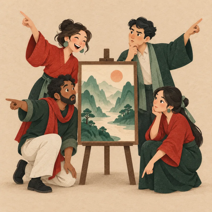 Four people point in different directions at a painting