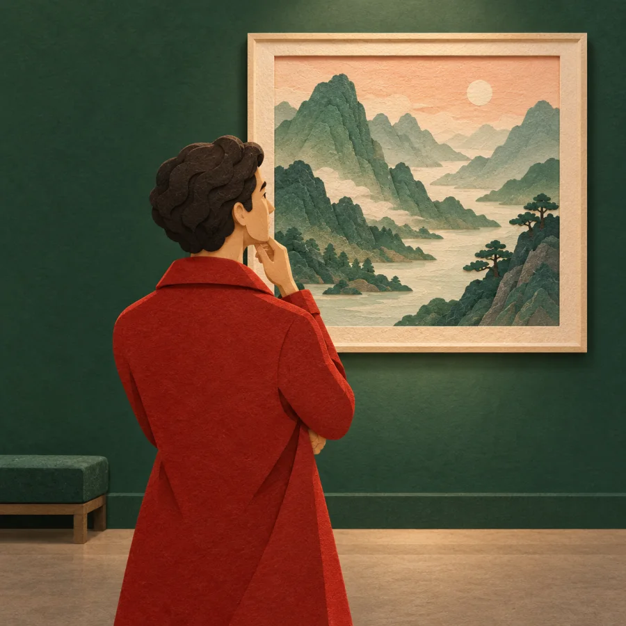 A person in a gallery gazes thoughtfully at a framed landscape