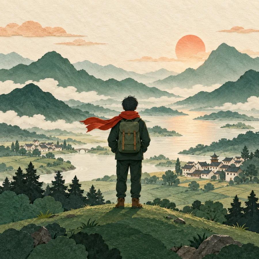 A traveler on a hill looks at distant towns and mountains