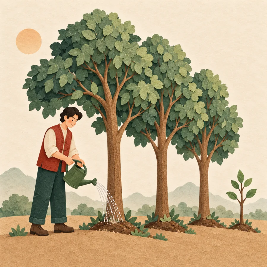 A person waters a row of tall trees they planted