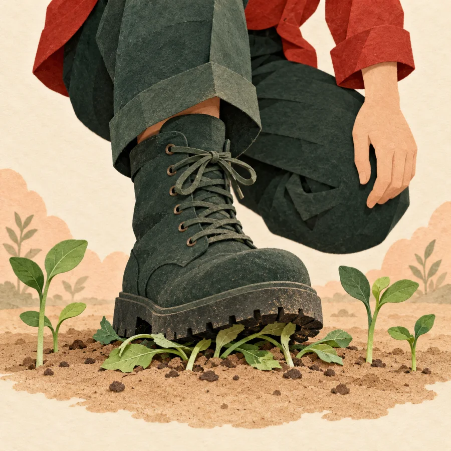 A person in boots steps on green seedlings