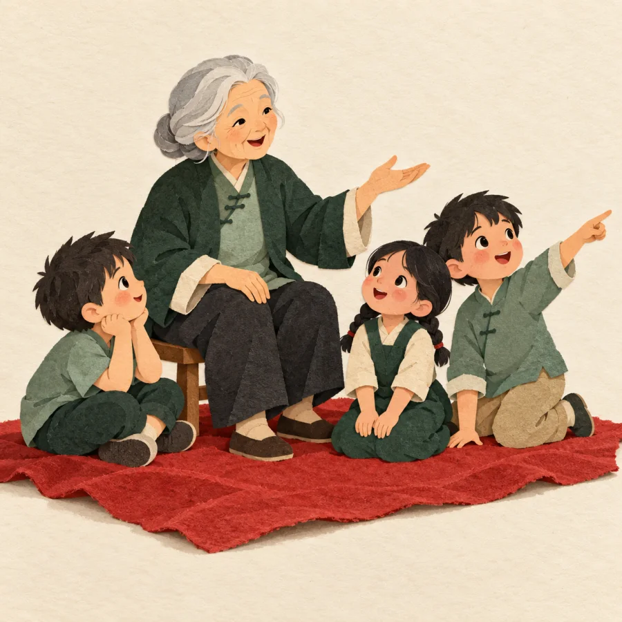 An elderly person tells a story to three children