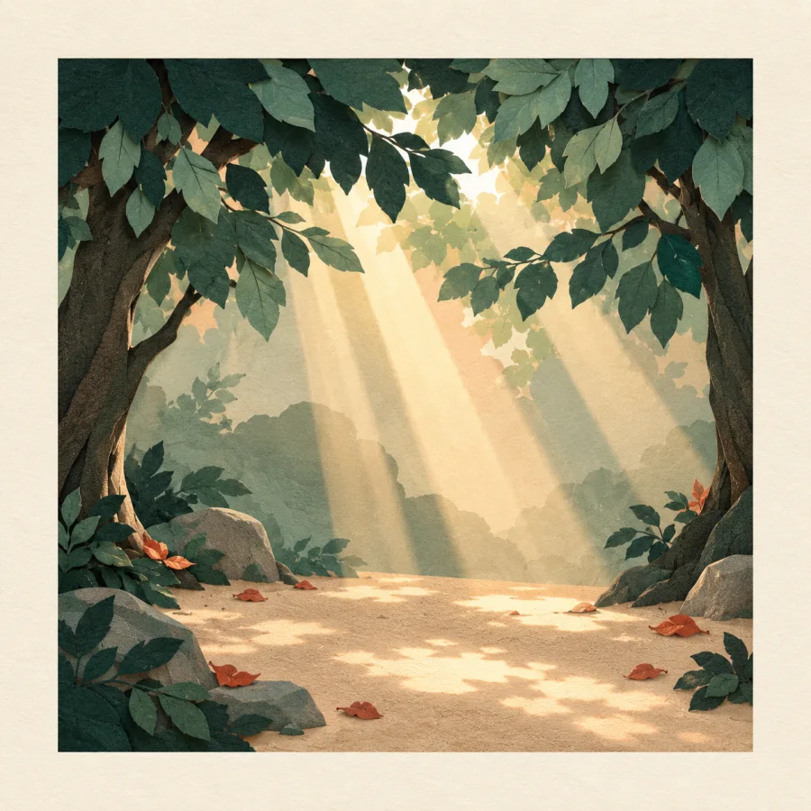 Sunbeams stream through gaps in the leaves
