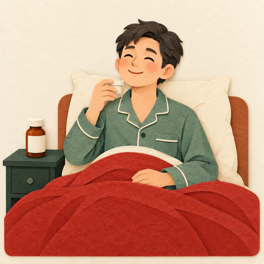 A sick person sits up in bed smiling after medicine
