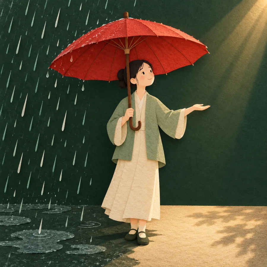 A person with an umbrella, rain on the left, sun on the right