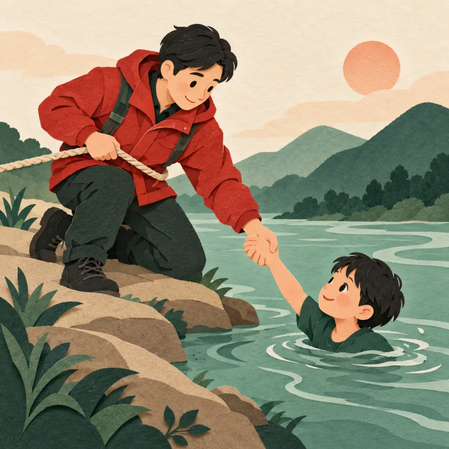 A person on the bank pulls a child out of a river