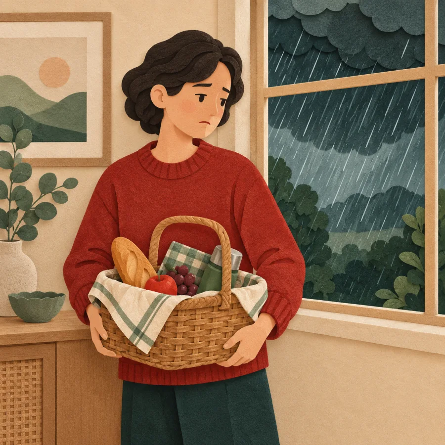 A person at a window looks at heavy rain, holding a picnic basket