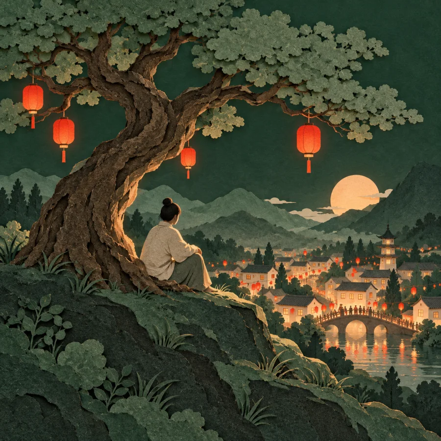 A person under an old tree watches a town with lanterns