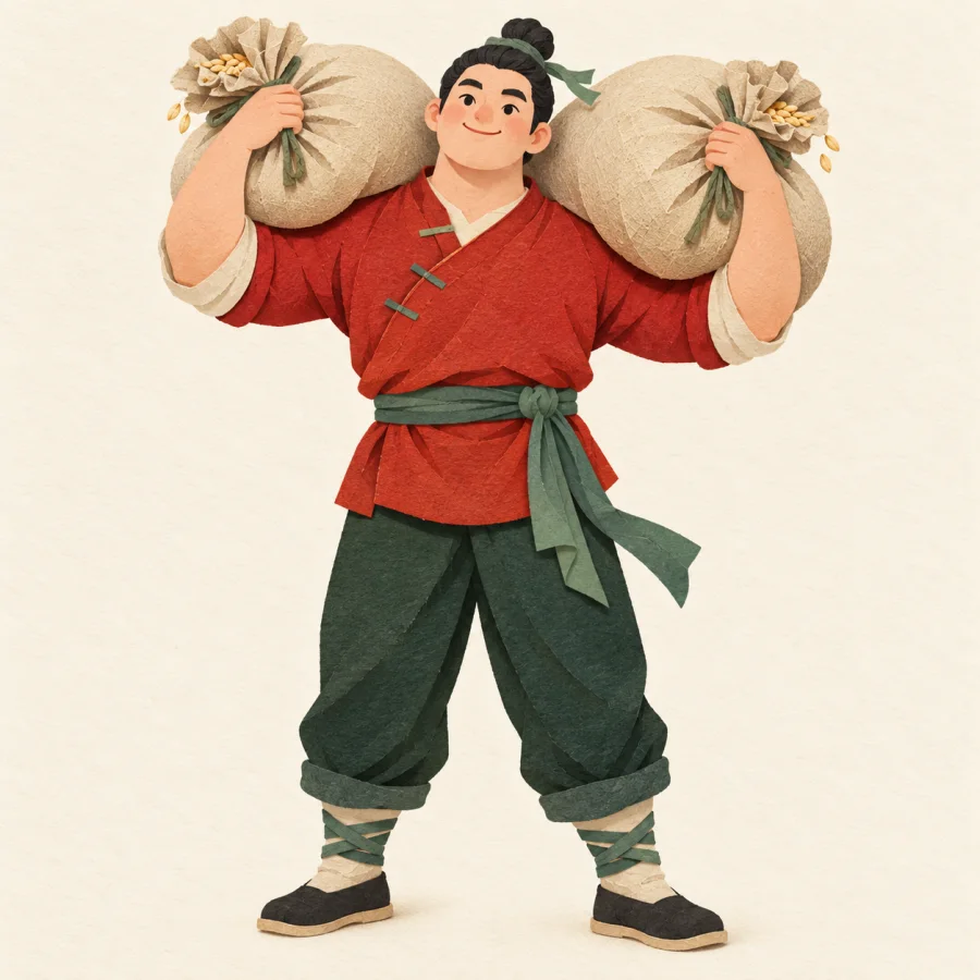 A broad-shouldered person easily carries two heavy sacks