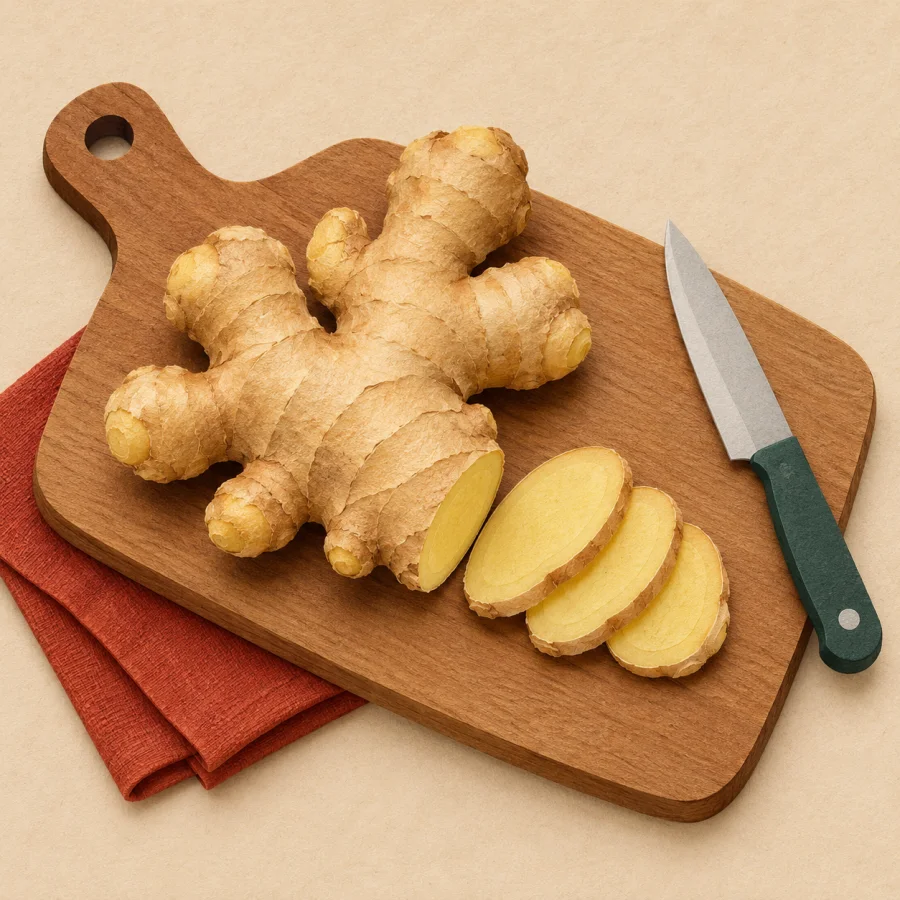 A ginger root and a few slices on a cutting board