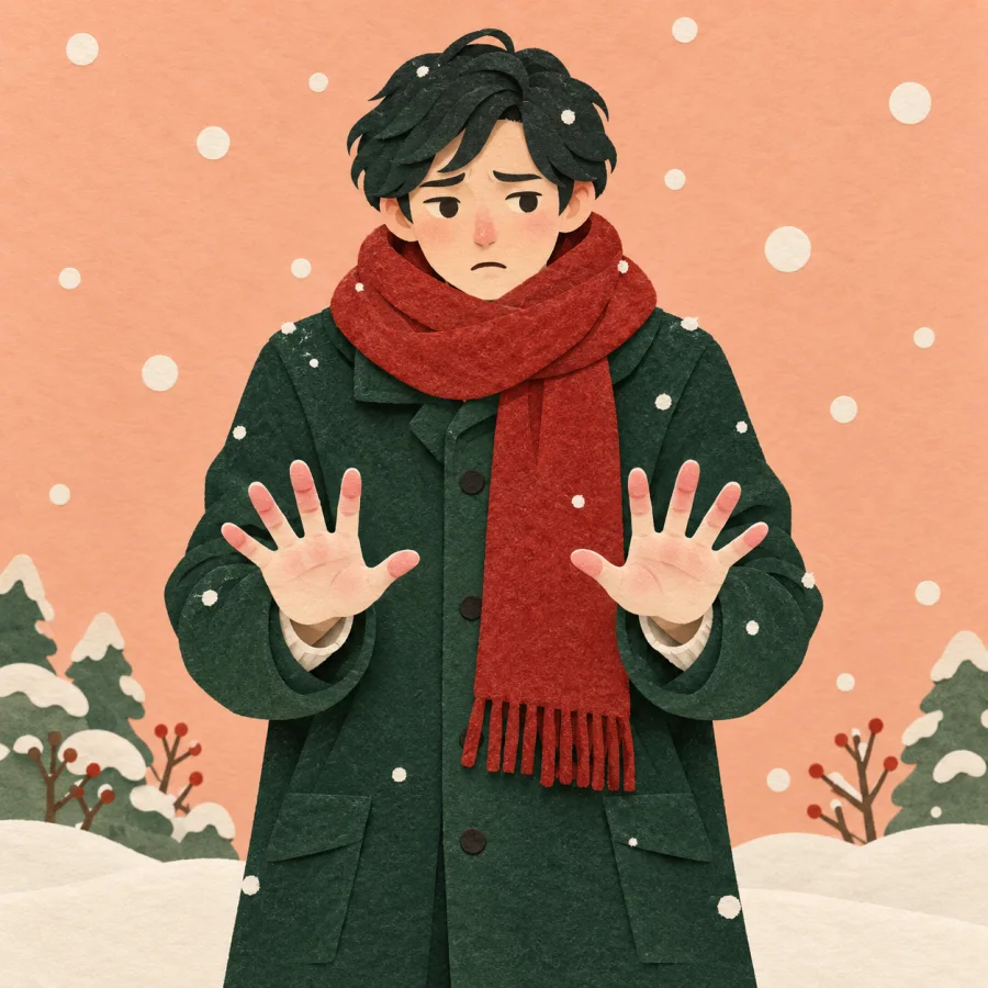 A person in snow holds out frozen stiff hands