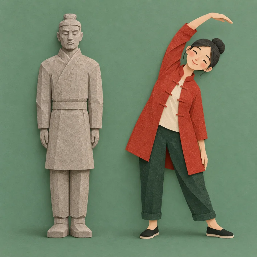 A stiff stone figure beside a flexibly stretching person