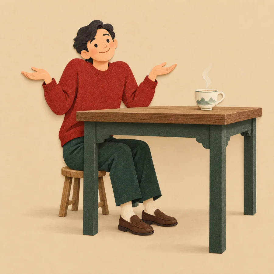 A person sits on a tiny stool at a big table