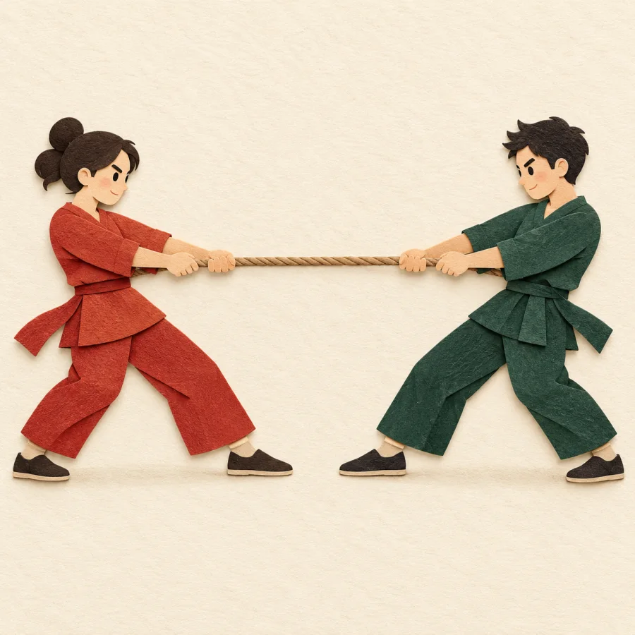 Two people pull a rope in opposite directions, neither moving