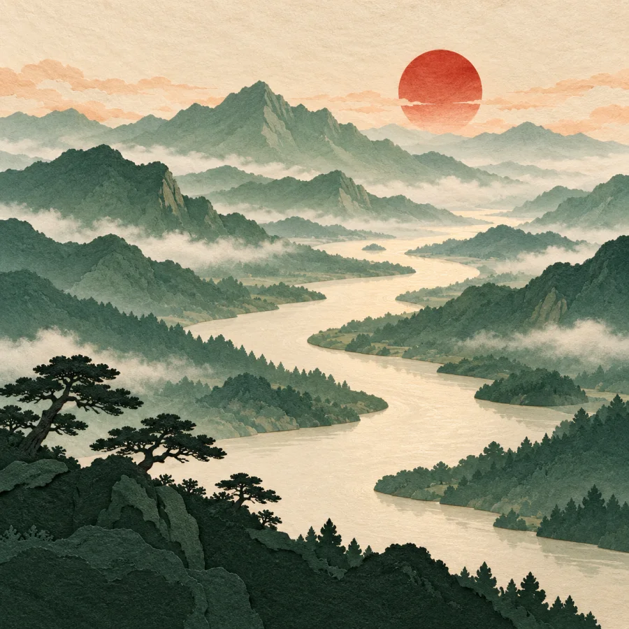 A winding river and layered mountains under a red sun
