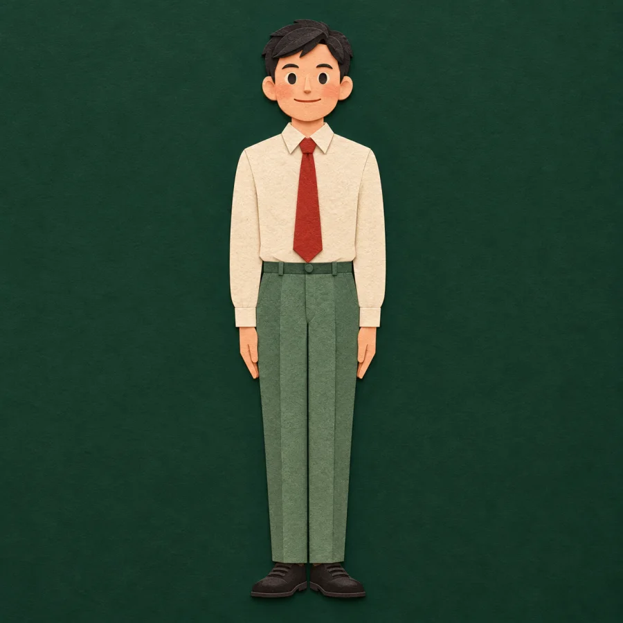 A person with stiff arms and a tense smile, like a doll
