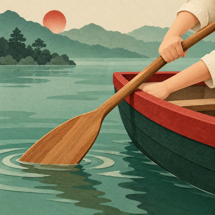 A wooden oar lies across a boat on calm water