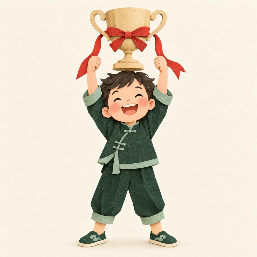 A child happily holds a big cup trophy overhead