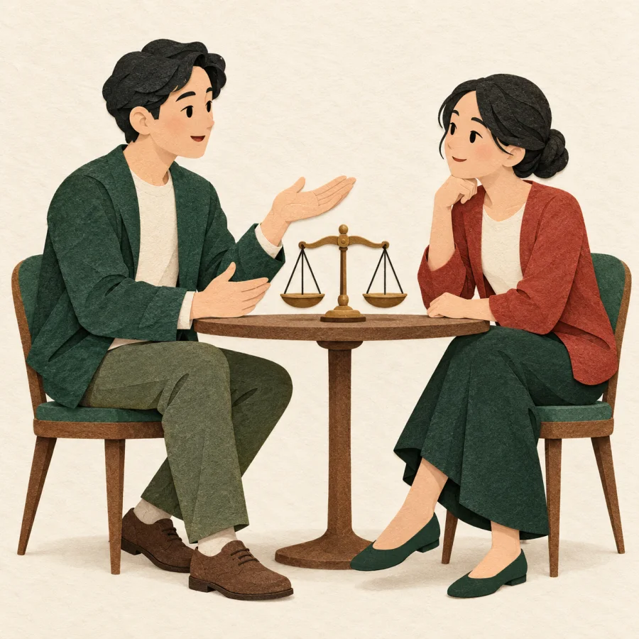 Two people at a table, one explaining calmly, the other listening